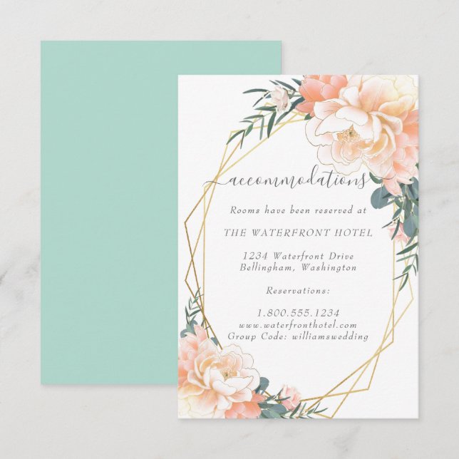Peach Floral Gold Mint Green Wedding Accommodation Enclosure Card (Front/Back)