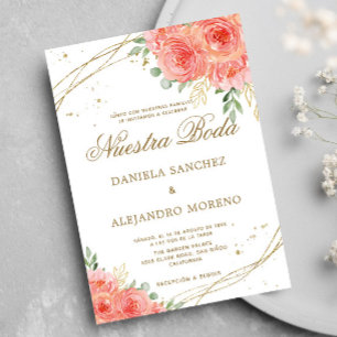 Peach Floral Gold Nuestra Boda Spanish Wedding Invitation