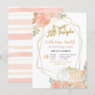 Peach Floral Gold Pumpkin 1st Birthday Invitation