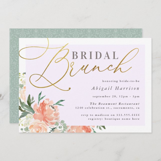 Peach Floral Gold Script Lavender Bridal Brunch Invitation (Front/Back)