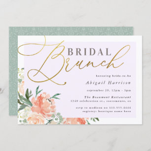 Peach Floral Gold Script Lavender Bridal Brunch Invitation