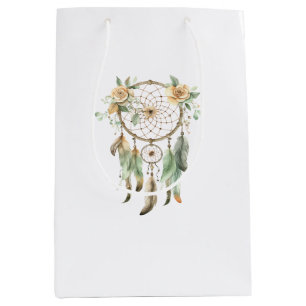Peach Floral Green Dream Catcher Birthday  Medium Gift Bag