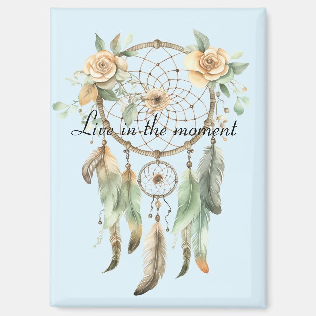 Peach Floral Green Feathers Dream Catcher Magnet (Front)