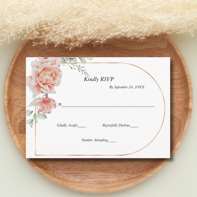 Peach Floral Greener Arch Border Wedding RSVP Card (Peach Floral Rose Gold Arch Modern Elegant Wedding RSVP card)