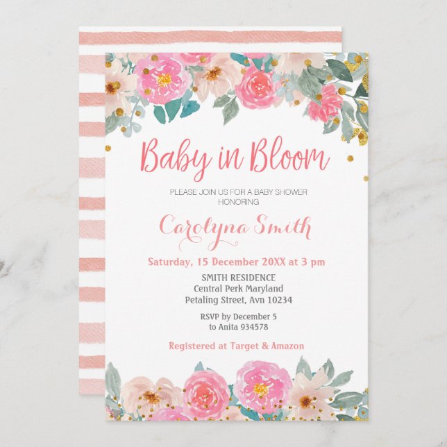Peach Floral greenery Baby in Bloom Invitation (Front/Back)