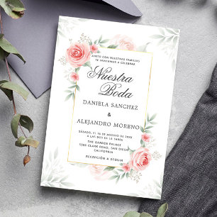 Peach Floral Greenery Nuestra Boda Spanish Wedding Invitation