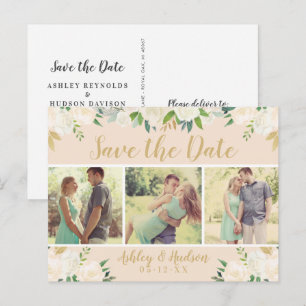 Peach Floral Greenery Photo Wedding Save the Date Announcement Postcard