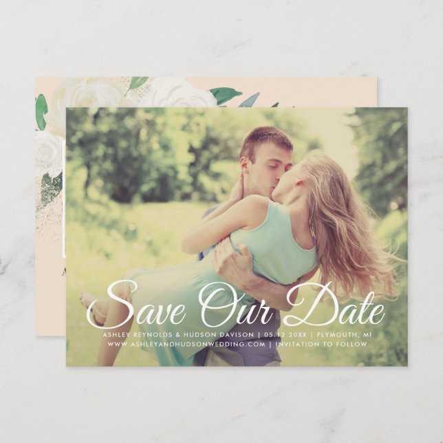 Peach Floral Greenery Wedding Photo Save the Date Announcement Postcard (Front/Back)