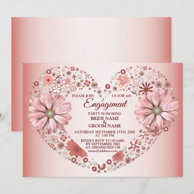 Peach Floral Heart Modern Engagement Party Invitation (Front/Back)