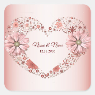 Peach Floral Heart Modern Party Square Sticker