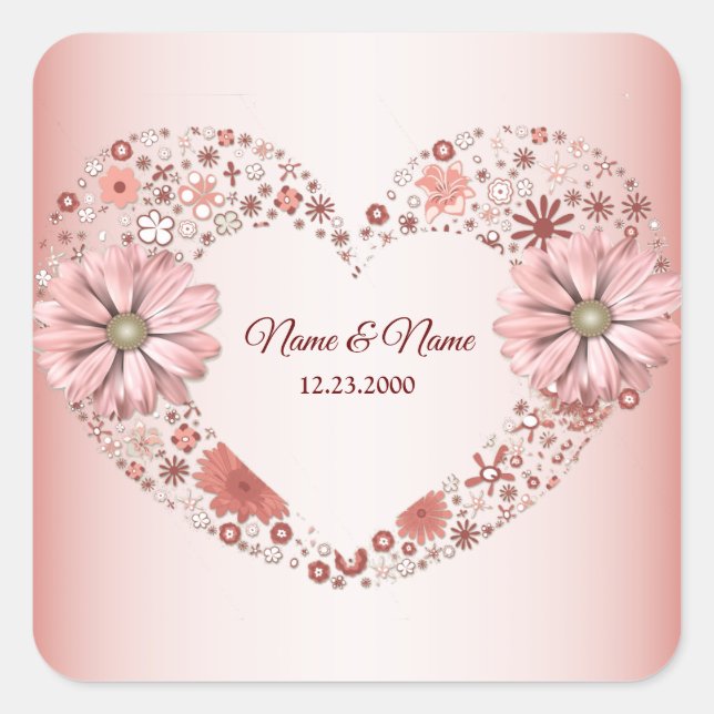 Peach Floral Heart Modern Party Square Sticker (Front)