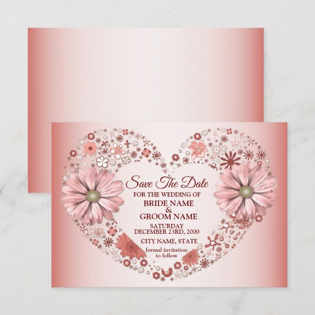 Peach Floral Heart Modern Save The Date (Front/Back)