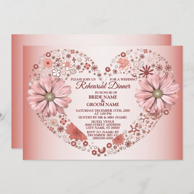 Peach Floral Heart Modern Wedding Rehearsal Dinner Invitation (Front/Back)
