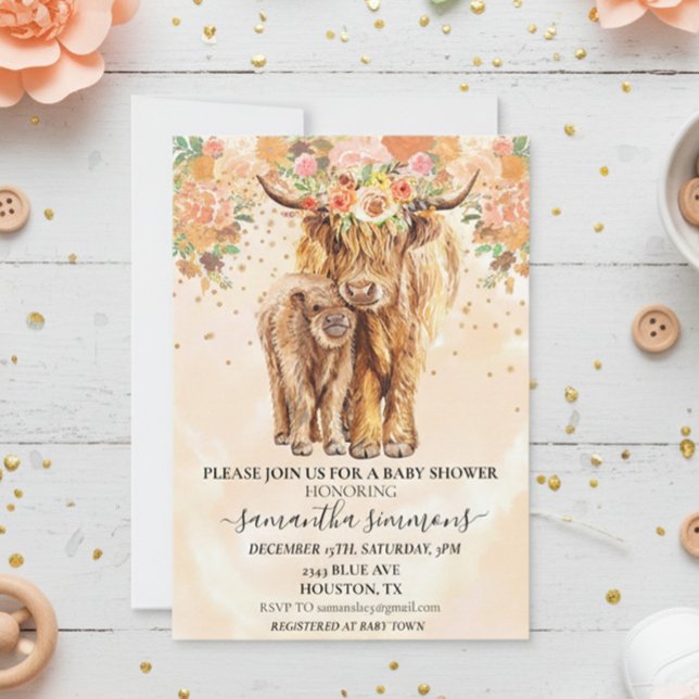  Peach Floral Highland Cow Calf Baby Shower  Invitation (Creator Uploaded)