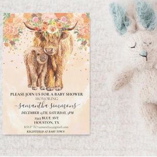  Peach Floral Highland Cow Calf Baby Shower  Invitation