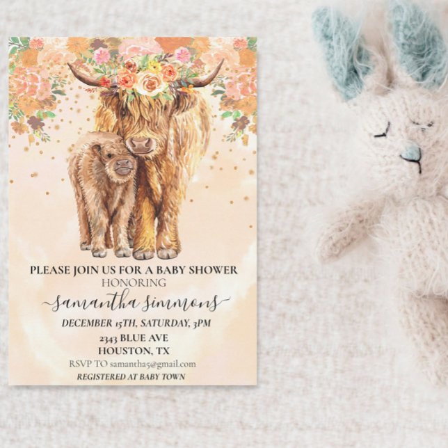  Peach Floral Highland Cow Calf Baby Shower  Invitation (Creator Uploaded)