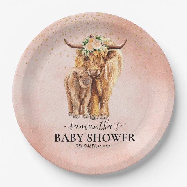 Peach Floral Highland Cow Calf Baby Shower  Paper Plate (Front)