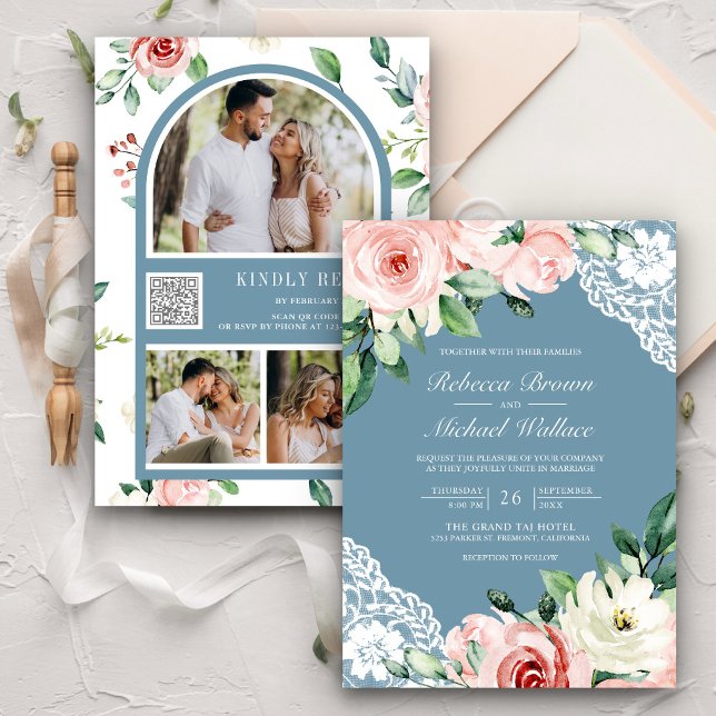 Peach Floral Lace Dusty Blue QR Code Wedding Invitation (Creator Uploaded)
