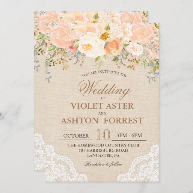 Peach Floral Lace Wedding Invitation (Front/Back)