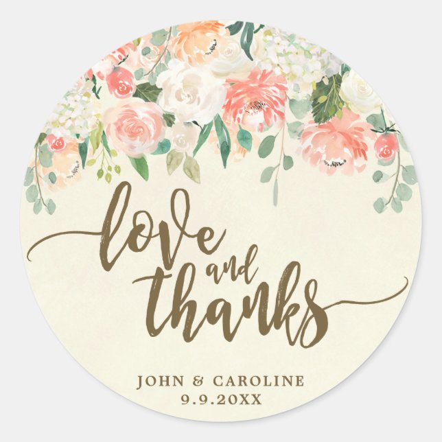 peach floral love and thanks favours sticker (Front)