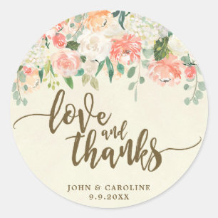 peach floral love and thanks favours sticker