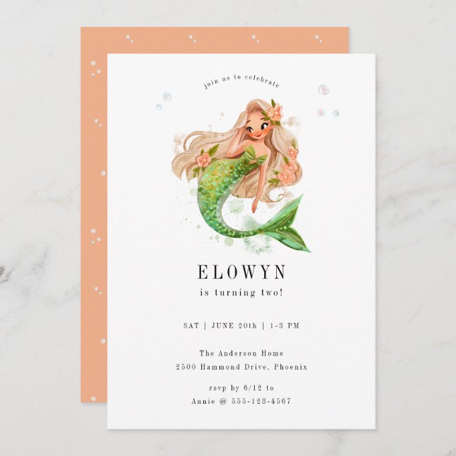 Peach Floral Mermaid Birthday Party Invitation (Front/Back)