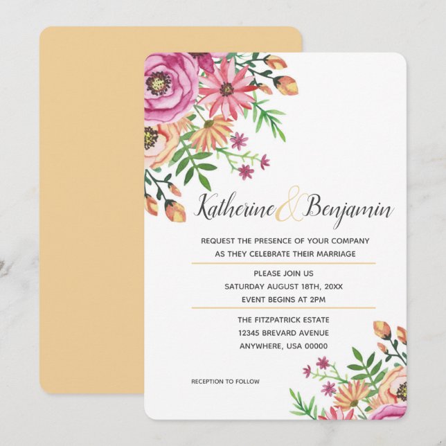 Peach Floral Modern Wedding Invitation (Front/Back)