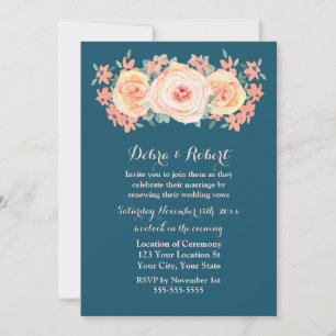 Peach Floral Navy Blue Vow Renewal Invitation