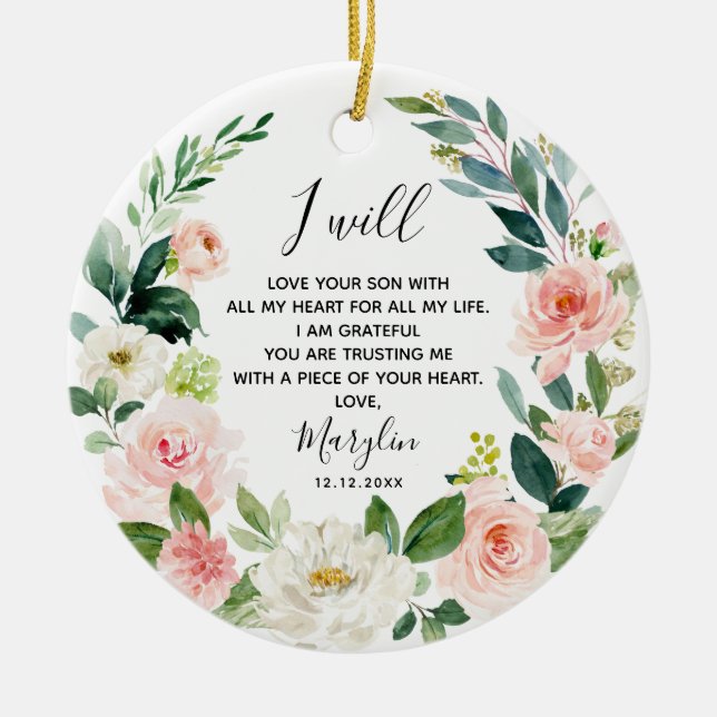 Peach Floral Personalised Mother of the Groom Ceramic Ornament (Front)