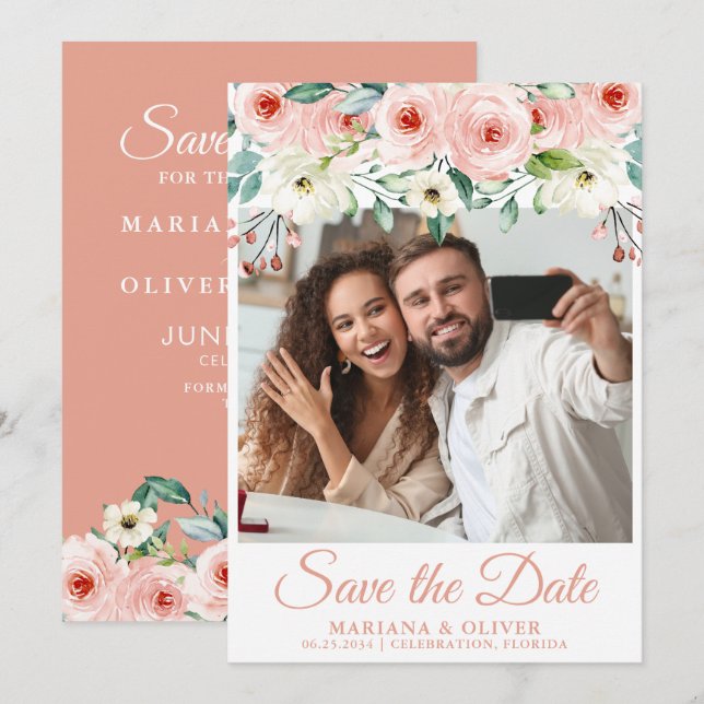 Peach Floral Photo Save the Date Card  (Front/Back)