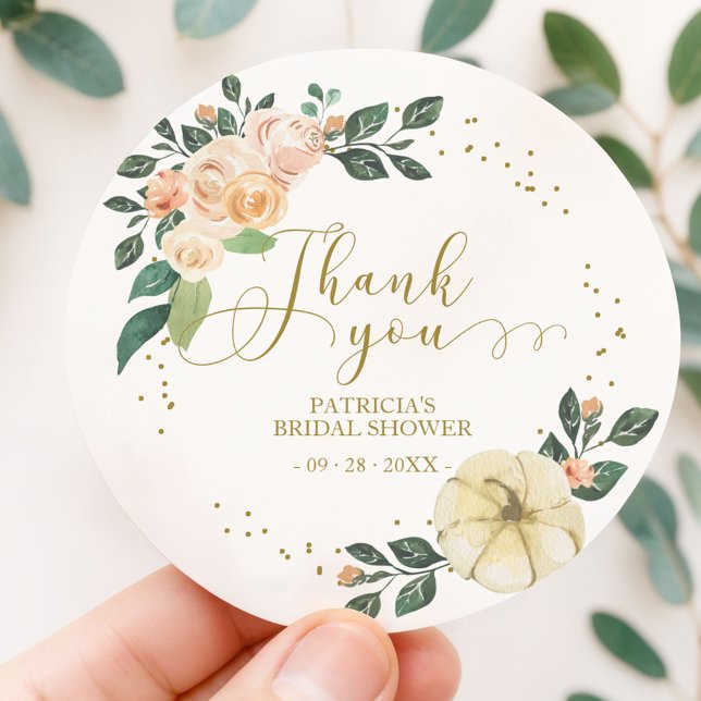Peach Floral Pumpkin Fall Bridal Shower Favour Classic Round Sticker (Creator Uploaded)