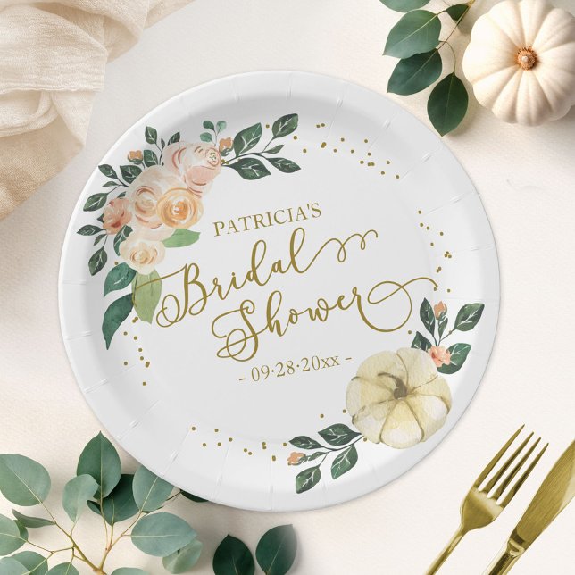 Peach Floral Pumpkin Fall Bridal Shower Paper Plate (Creator Uploaded)