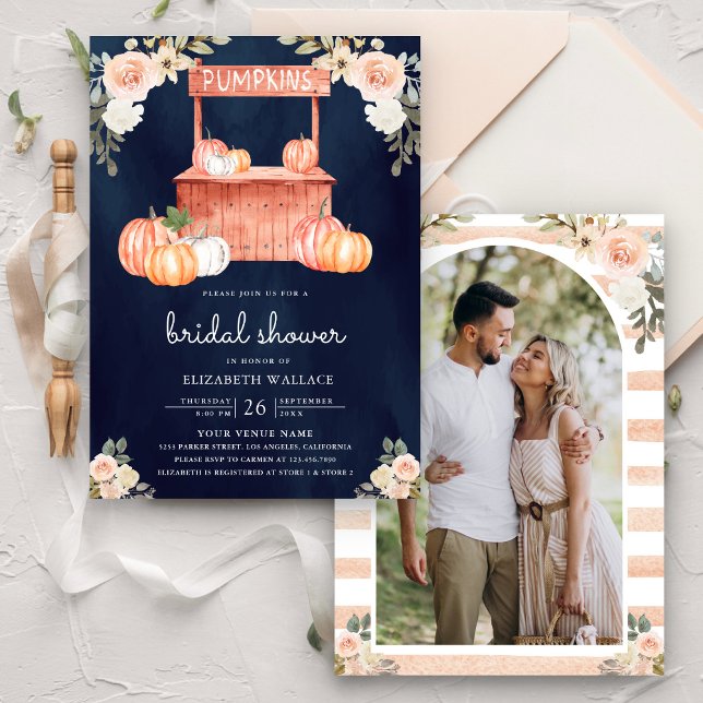 Peach Floral Pumpkin Market Navy Bridal Shower Invitation (Creator Uploaded)