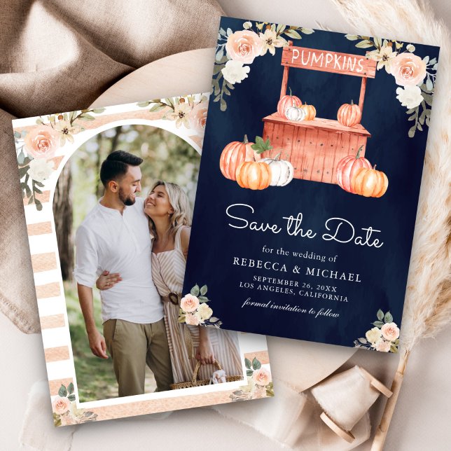 Peach Floral Pumpkin Market Photo Navy Wedding Save The Date (Creator Uploaded)