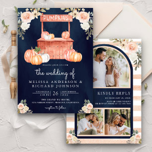 Peach Floral Pumpkin Market QR Code Navy Wedding Invitation