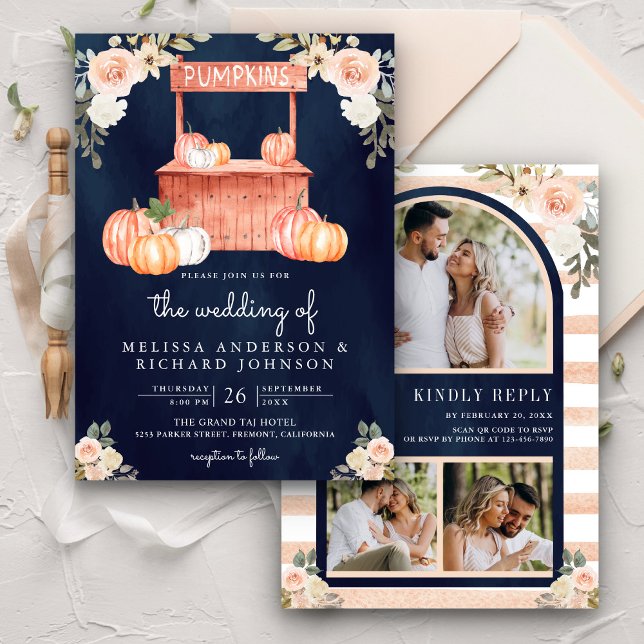 Peach Floral Pumpkin Market QR Code Navy Wedding Invitation (Creator Uploaded)