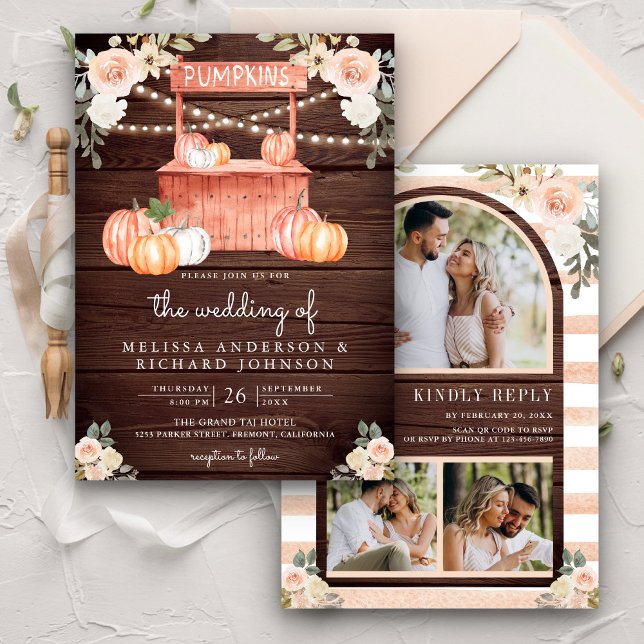 Peach Floral Pumpkin Market QR Code Wood Wedding Invitation (Creator Uploaded)