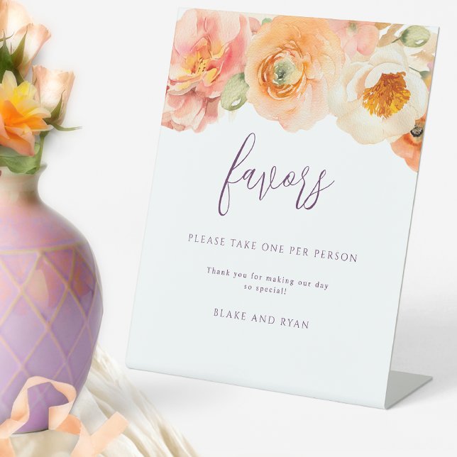 Peach Floral Purple Wedding Favours Please Take On Pedestal Sign (Creator Uploaded)