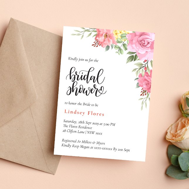 Peach Floral Rose Greenery Bridal Shower Invitation (Creator Uploaded)