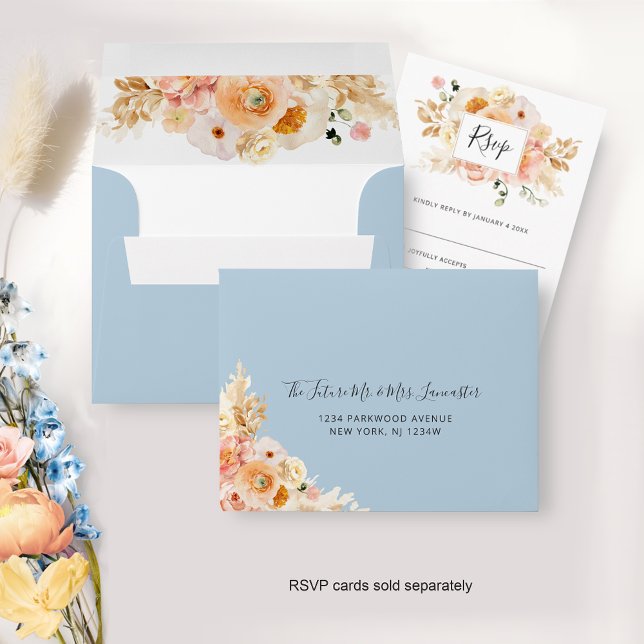 Peach Floral RSVP with Return Address, Blue Envelope (Creator Uploaded)