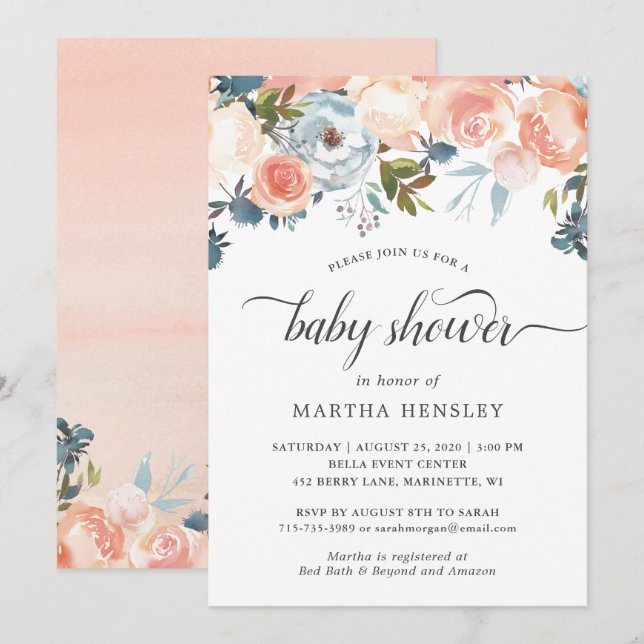 Peach Floral Script Baby Shower Invitation (Front/Back)