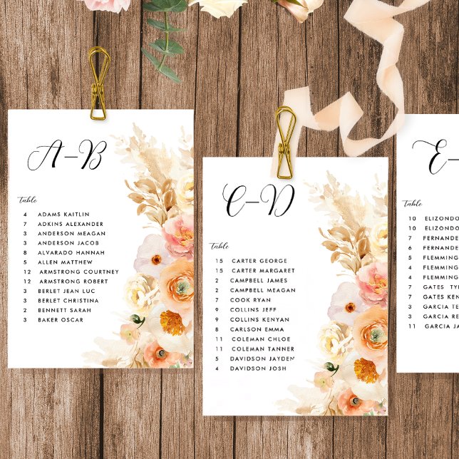 Peach Floral Seating Plan Cards with Guest Names (Creator Uploaded)