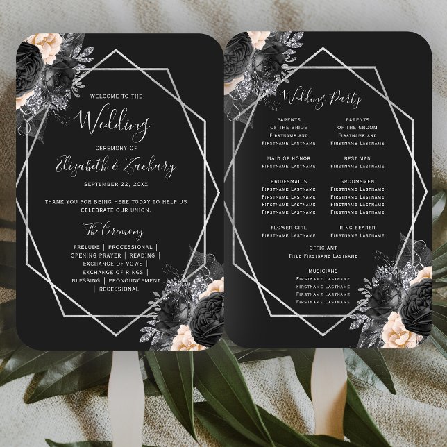 Peach Floral Silver Geo Black Wedding Program Hand Fan (Creator Uploaded)