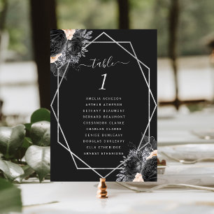 Peach Floral Silver Geometric Frame Black Wedding Table Number
