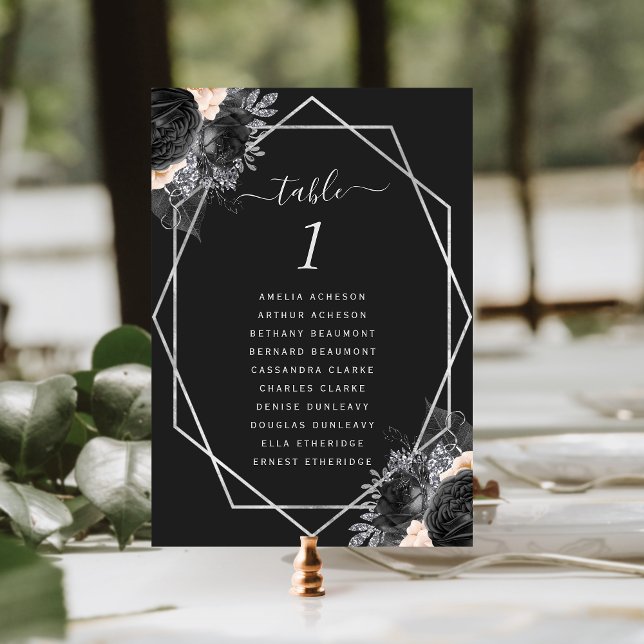 Peach Floral Silver Geometric Frame Black Wedding Table Number (Creator Uploaded)