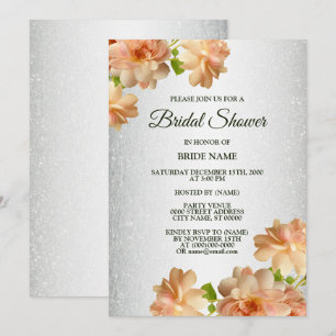 Peach Floral Silver Glitter Elegant Bridal Shower Invitation