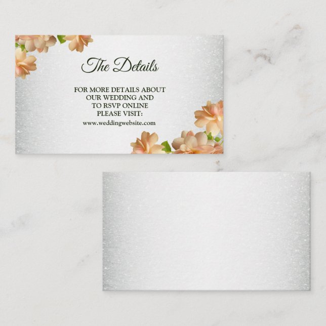 Peach Floral Silver Glitter Elegant Wedding Detail Enclosure Card (Front/Back)