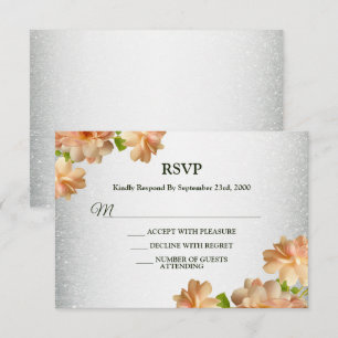 Peach Floral Silver Glitter Modern Wedding Party RSVP Card