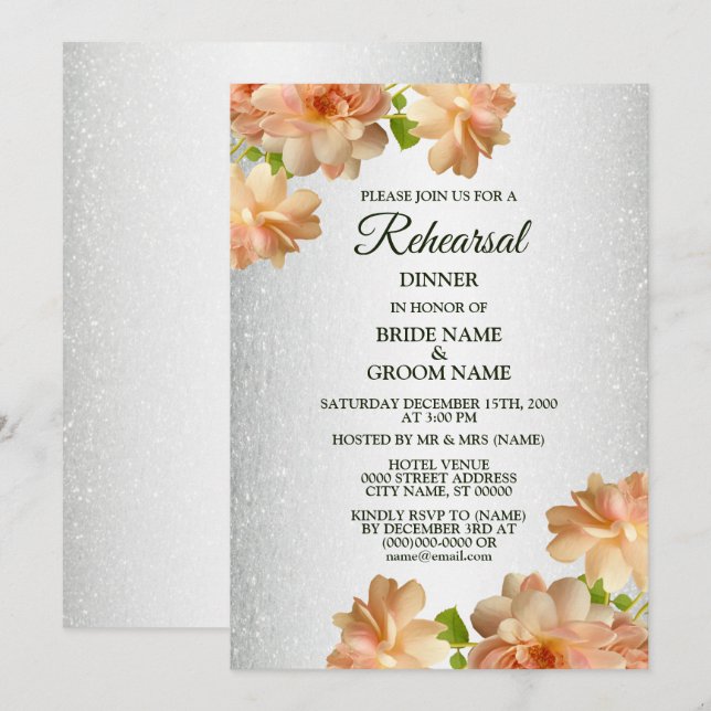 Peach Floral Silver Glitter Rehearsal Dinner Invitation (Front/Back)