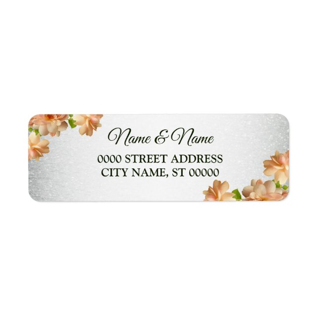 Peach Floral Silver Glitter Wedding Return Address Label (Front)